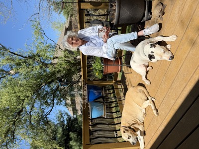 Tom's mother outdoors with dogs